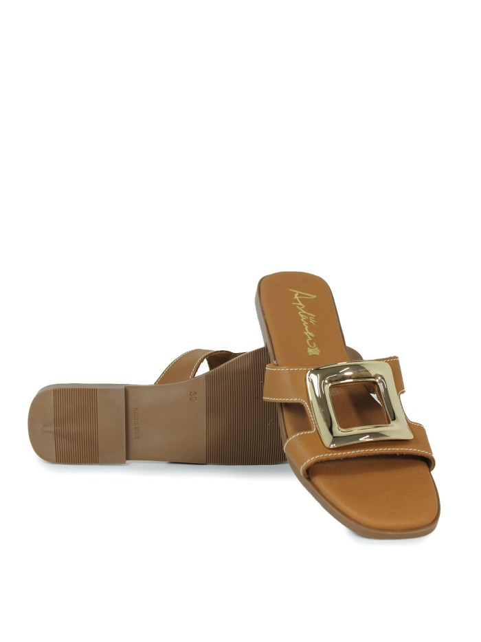 SANDALIAS DE PIEL PLANAS CON PLANTA DE GEL PARA MUJER APLAUSO 5565 CUERO
