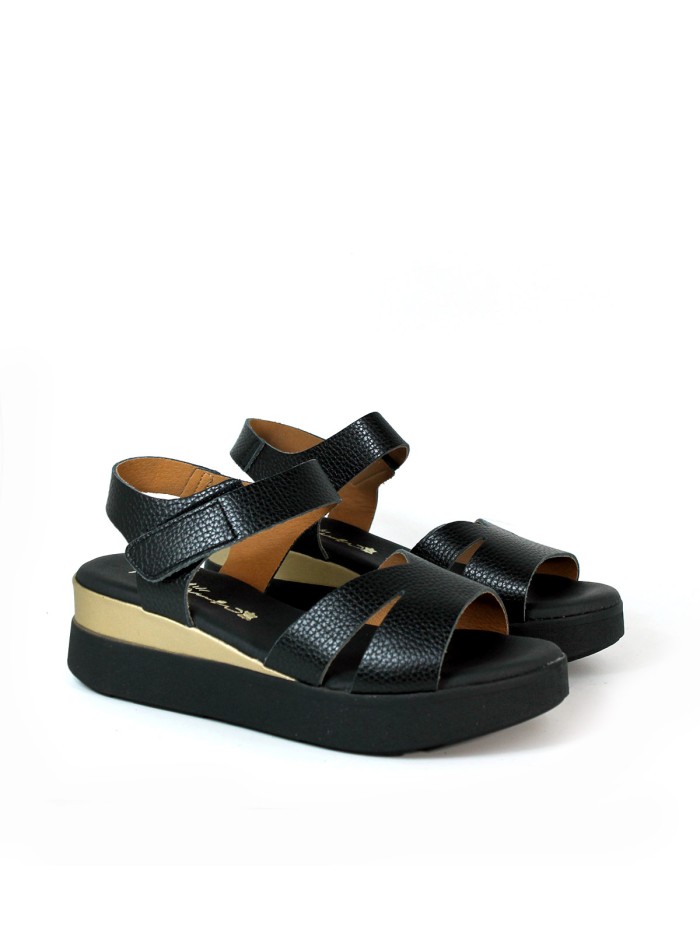 SANDALIAS CONFORT DE PIEL CON VELCRO PARA MUJER APLAUSO 5673 NEGRO