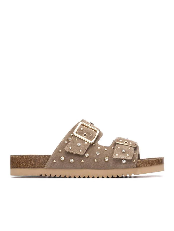 SANDALIAS PLANAS EN PIEL DE SERRAJE CON HEBILLAS PARA MUJER CARMELA SHOES 16328202 TAUPE