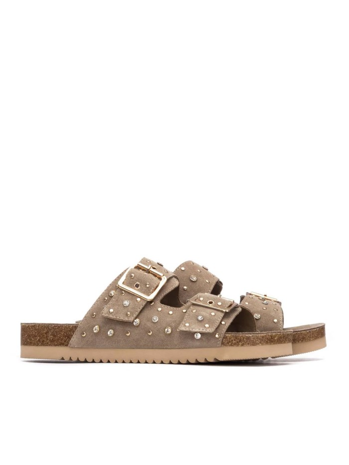 SANDALIAS PLANAS EN PIEL DE SERRAJE CON HEBILLAS PARA MUJER CARMELA SHOES 16328202 TAUPE