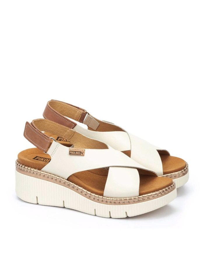 SANDALIAS DE CUÑA EN PIEL CON VELCRO PARA MUJER PIKOLINOS GOMERA W0K-0606C1 BEIGE