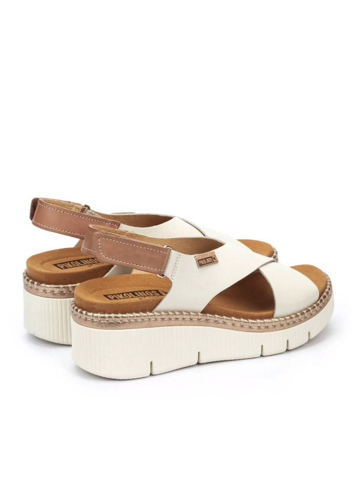 SANDALIAS DE CUÑA EN PIEL CON VELCRO PARA MUJER PIKOLINOS GOMERA W0K-0606C1 BEIGE