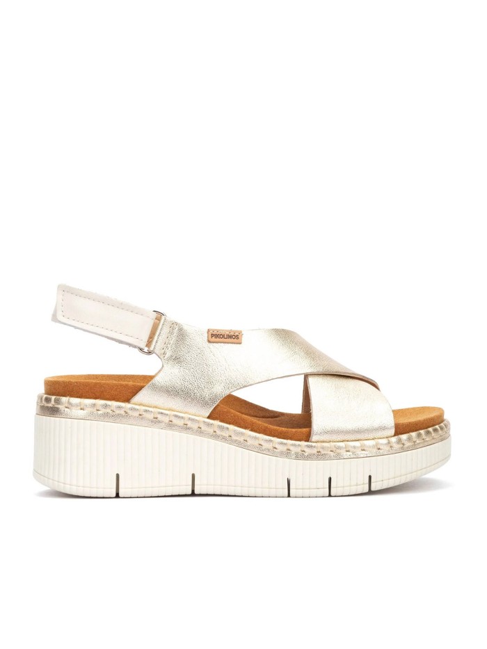 SANDALIAS DE PIEL CON CUÑA Y CIERRE CON VELCRO MUJER PIKOLINOS GOMERA W0K-0606CLC1 ORO