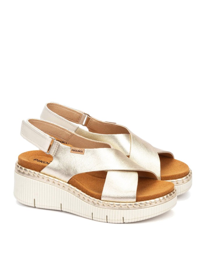 SANDALIAS DE PIEL CON CUÑA Y CIERRE CON VELCRO MUJER PIKOLINOS GOMERA W0K-0606CLC1 ORO