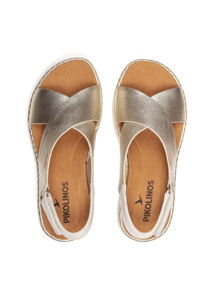 SANDALIAS DE PIEL CON CUÑA Y CIERRE CON VELCRO MUJER PIKOLINOS GOMERA W0K-0606CLC1 ORO