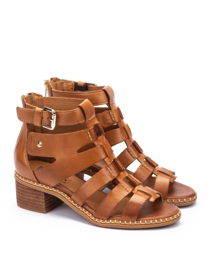 SANDALIAS DE TACÓN BLOQUE CON CREMALLERA PARA MUJER PIKOLINOS BLANES W3H-1823 CUERO