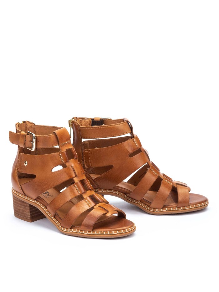 SANDALIAS DE TACÓN BLOQUE CON CREMALLERA PARA MUJER PIKOLINOS BLANES W3H-1823 CUERO
