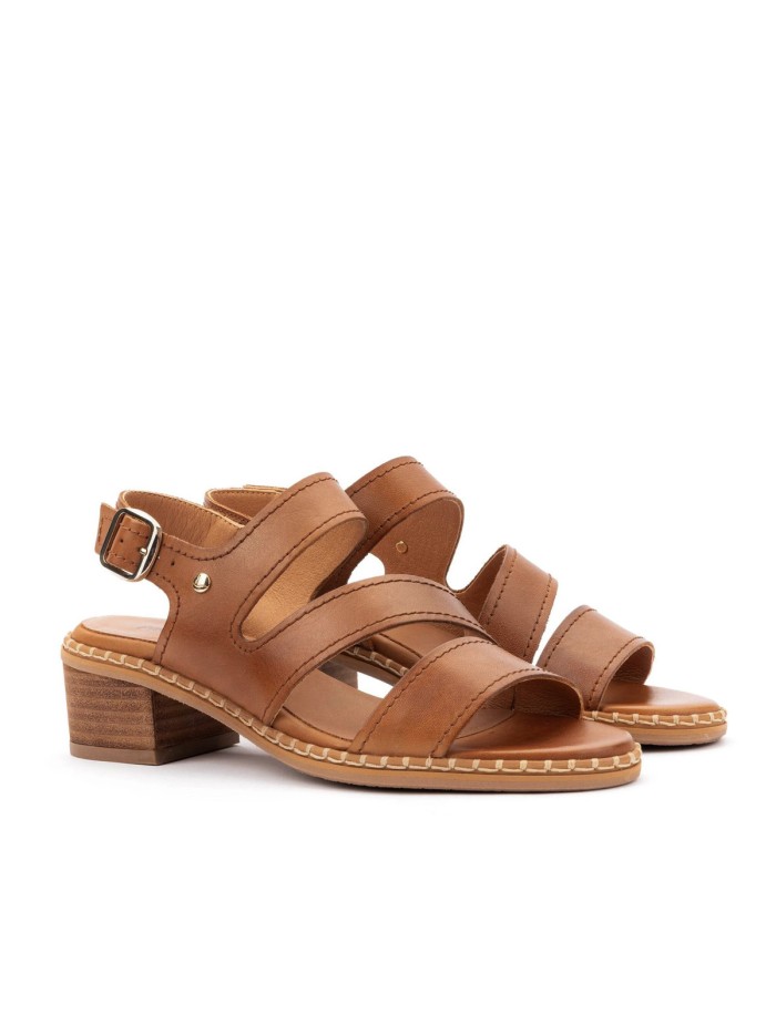 SANDALIAS DE TACÓN PAJO CON HEBILLA PARA MUJER PIKOLINOS BLANES W3H-1635 CUERO