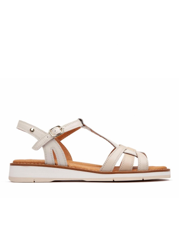 SANDALIAS PLANAS DE PIEL CON HEBILLA PARA MUJER PIKOLINOS ROQUETAS W9B-0789 BEIGE