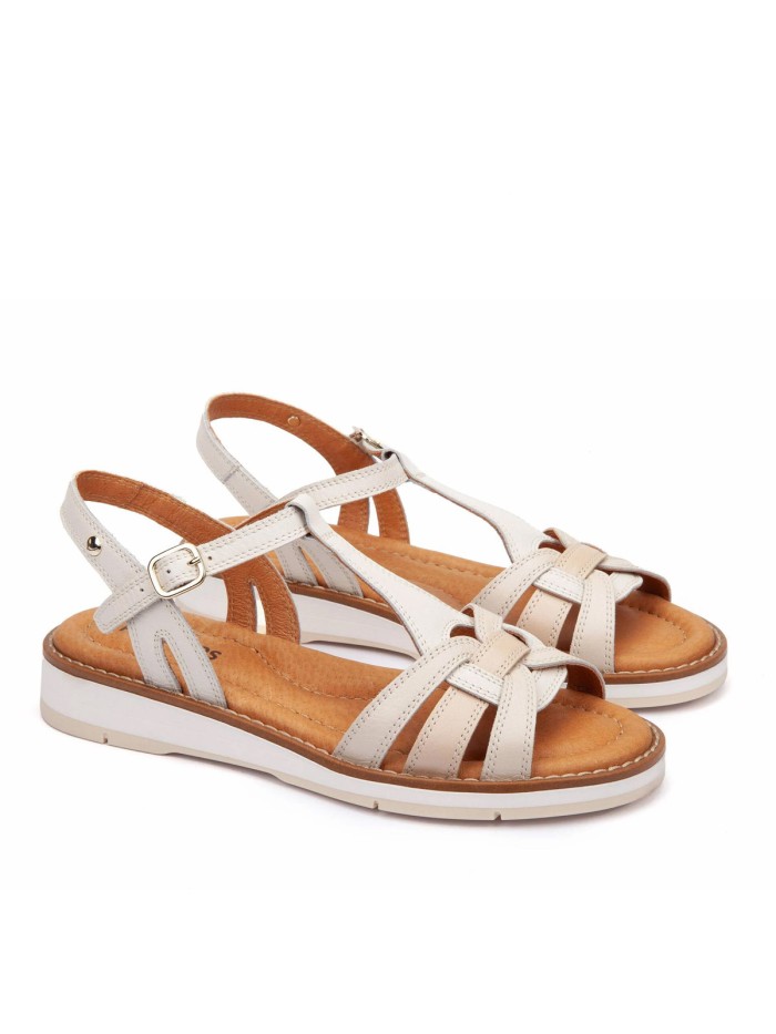 SANDALIAS PLANAS DE PIEL CON HEBILLA PARA MUJER PIKOLINOS ROQUETAS W9B-0789 BEIGE