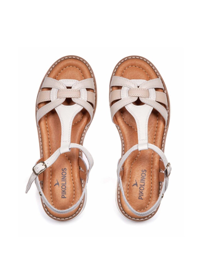 SANDALIAS PLANAS DE PIEL CON HEBILLA PARA MUJER PIKOLINOS ROQUETAS W9B-0789 BEIGE