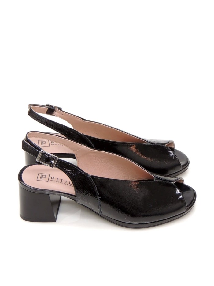 SANDALIAS DE TACÓN CÓMODO EN PIEL CHAROL PARA MUJER PITILLOS 11212 NEGRO