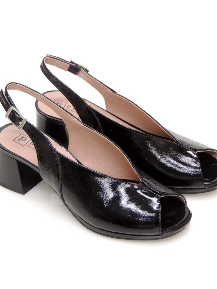 SANDALIAS DE TACÓN CÓMODO EN PIEL CHAROL PARA MUJER PITILLOS 11212 NEGRO