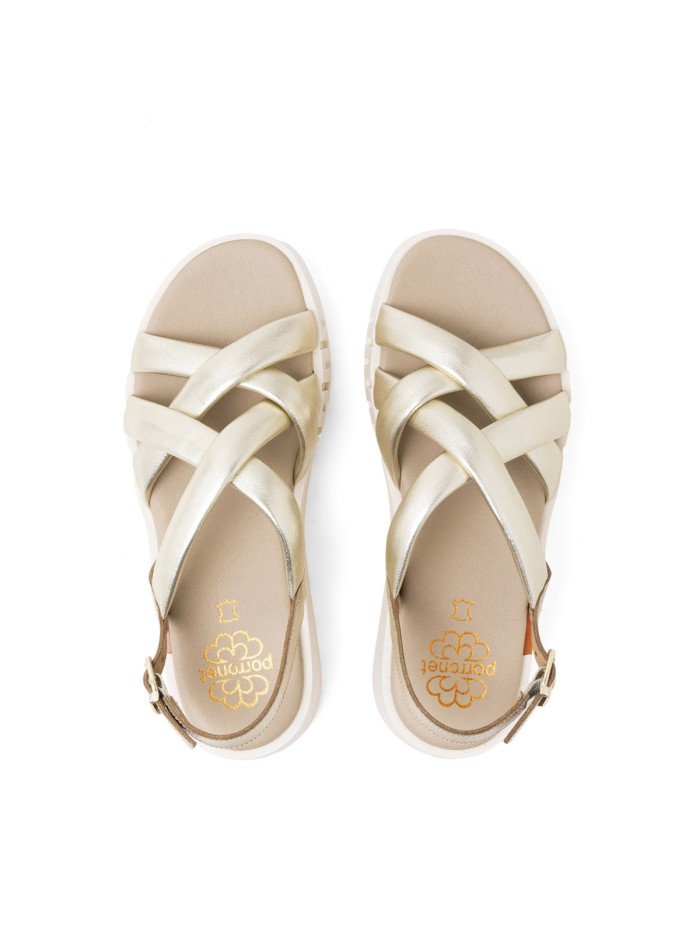 SANDALIA DE CUÑA DE PIEL PARA MUJER PORRONET DANIELA 3257 ORO