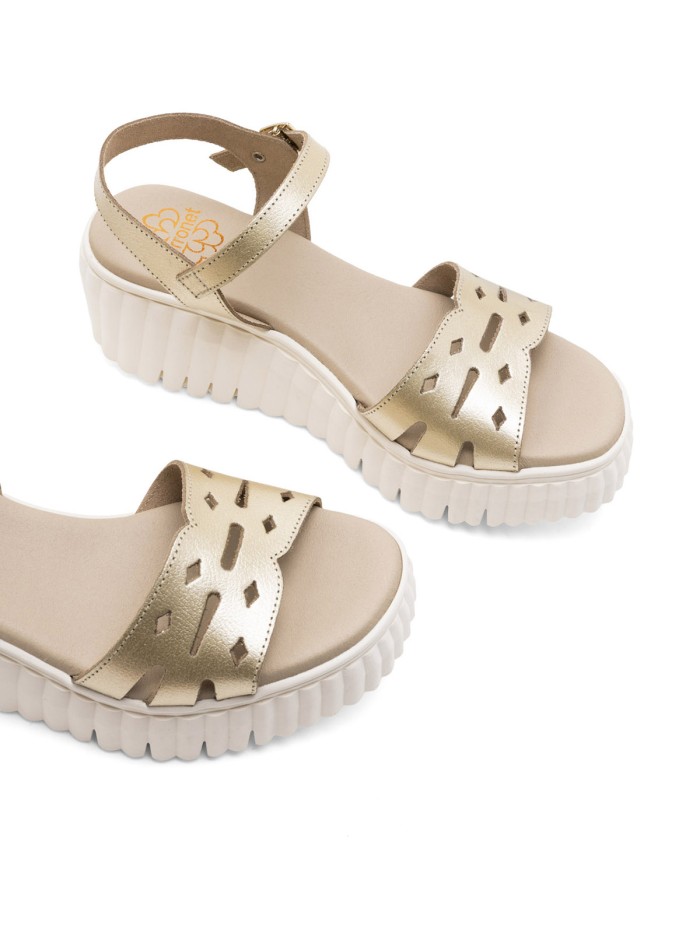 SANDALIA DE PIEL METALIZADA CON CUÑA PARA MUJER PORRONET ENOLA 3272 ORO