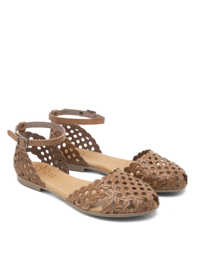 SANDALIA PLANA DE PIEL ENREJADA PARA MUJER PORRONET ARIA 3202 TAUPE