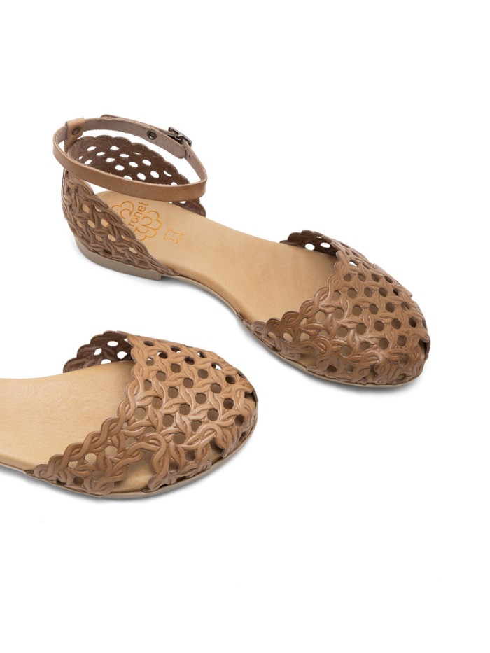 SANDALIA PLANA DE PIEL ENREJADA PARA MUJER PORRONET ARIA 3202 TAUPE