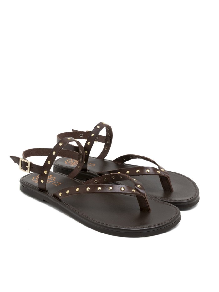 SANDALIA PLANA DE PIEL CON TACHUELAS PARA MUJER PORRONET ALESSANDRA 3208 MOKA