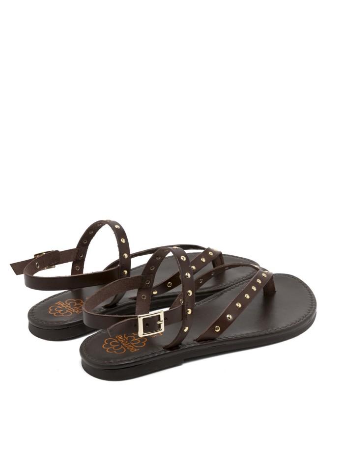 SANDALIA PLANA DE PIEL CON TACHUELAS PARA MUJER PORRONET ALESSANDRA 3208 MOKA