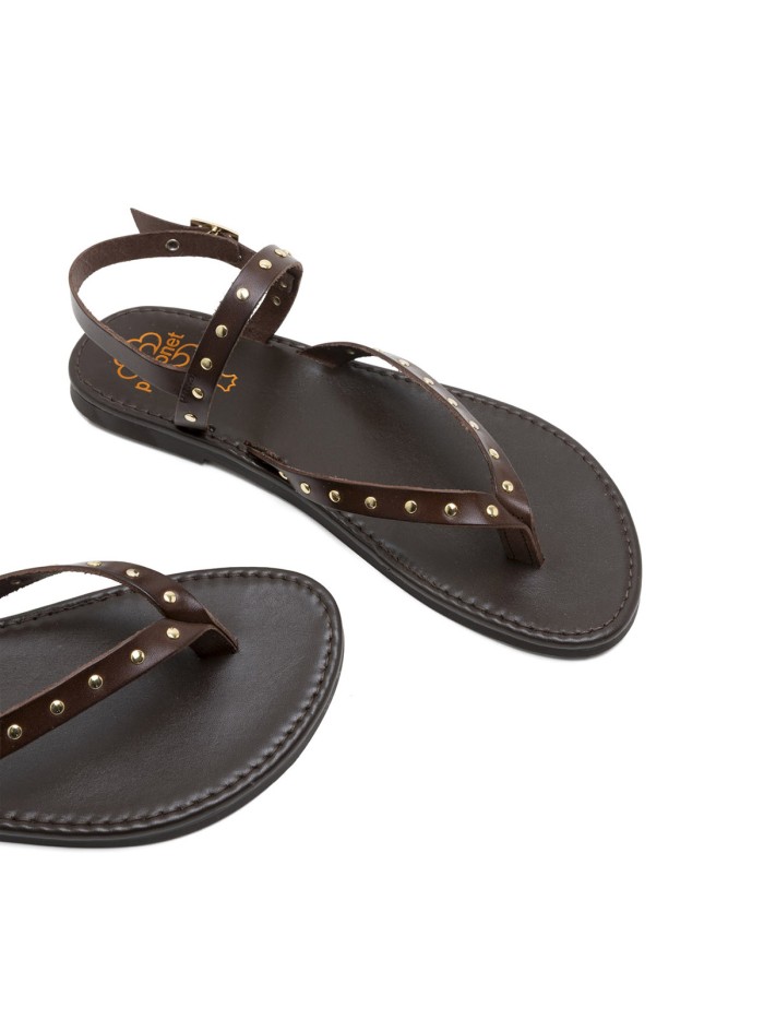 SANDALIA PLANA DE PIEL CON TACHUELAS PARA MUJER PORRONET ALESSANDRA 3208 MOKA