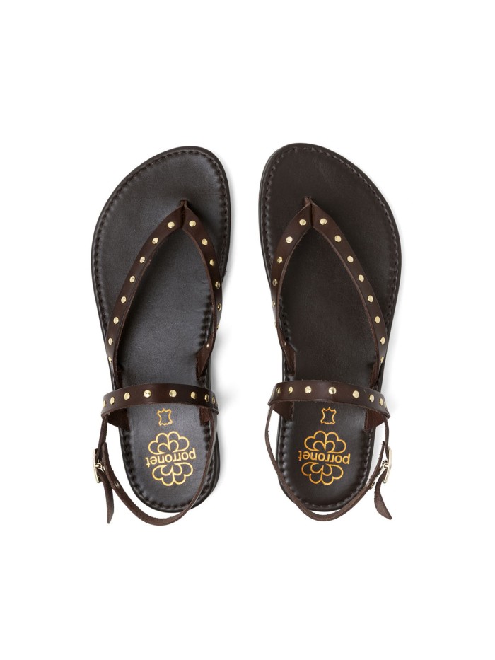 SANDALIA PLANA DE PIEL CON TACHUELAS PARA MUJER PORRONET ALESSANDRA 3208 MOKA