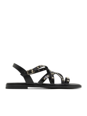 SANDALIA PLANA DE PIEL DE TIRAS CON TACHUELAS PARA MUJER PORRONET BLAIR 3223 NEGRO