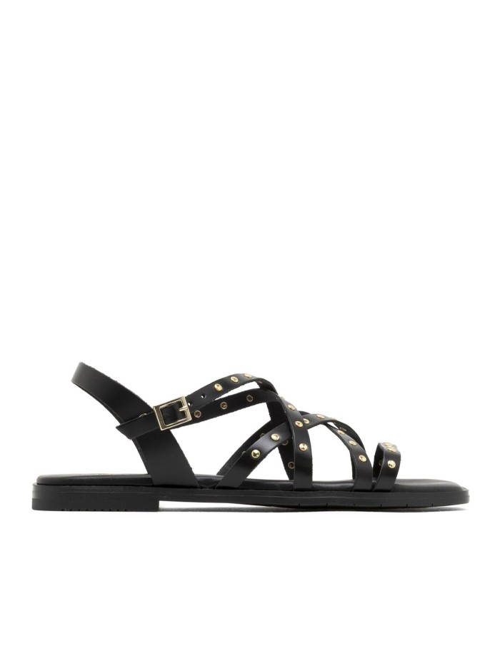 SANDALIA PLANA DE PIEL DE TIRAS CON TACHUELAS PARA MUJER PORRONET BLAIR 3223 NEGRO