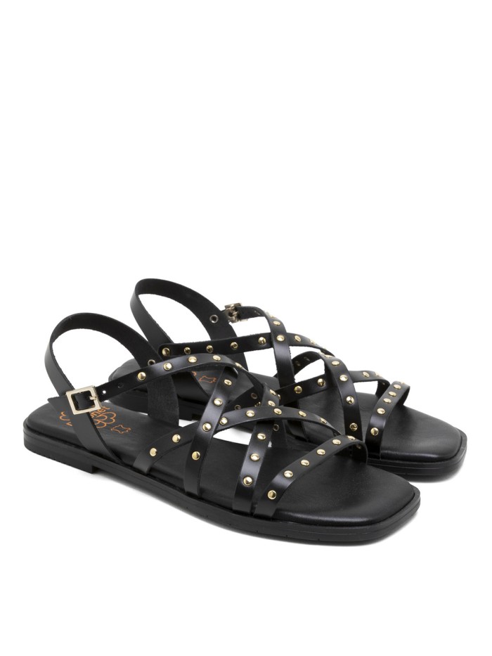 SANDALIA PLANA DE PIEL DE TIRAS CON TACHUELAS PARA MUJER PORRONET BLAIR 3223 NEGRO