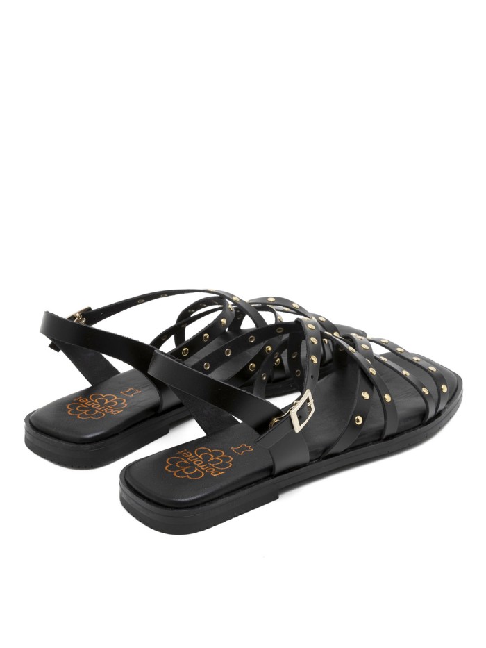 SANDALIA PLANA DE PIEL DE TIRAS CON TACHUELAS PARA MUJER PORRONET BLAIR 3223 NEGRO