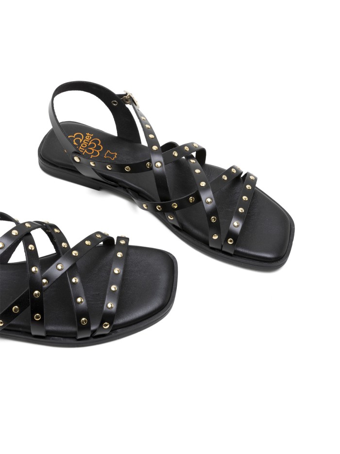 SANDALIA PLANA DE PIEL DE TIRAS CON TACHUELAS PARA MUJER PORRONET BLAIR 3223 NEGRO