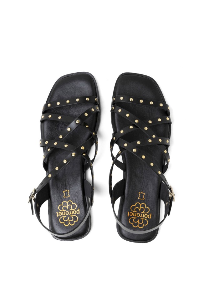 SANDALIA PLANA DE PIEL DE TIRAS CON TACHUELAS PARA MUJER PORRONET BLAIR 3223 NEGRO