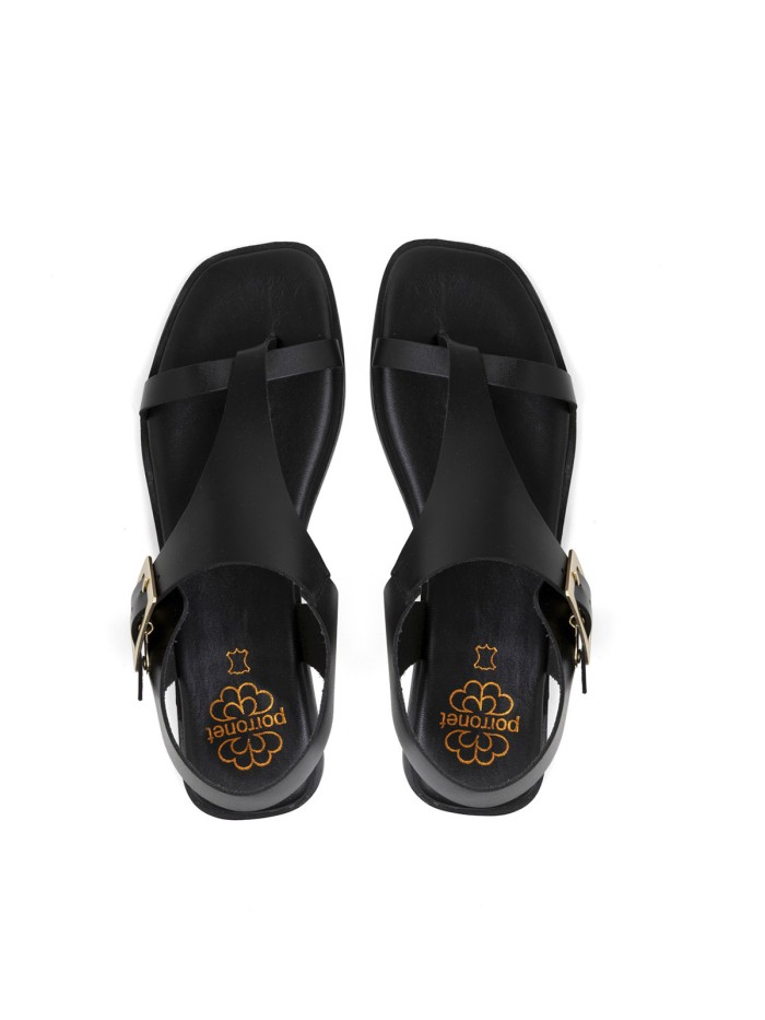 SANDALIA PLANA DE PIEL CON HEBILLA PARA MUJER PORRONET BERTA 3219 NEGRO