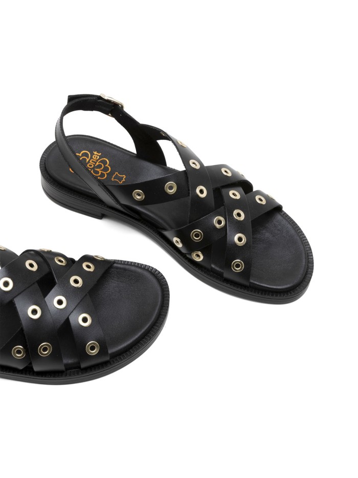 SANDALIA PLANA DE PIEL CON TACHUELAS PARA MUJER PORRONET CHLOE 3234 MOKA