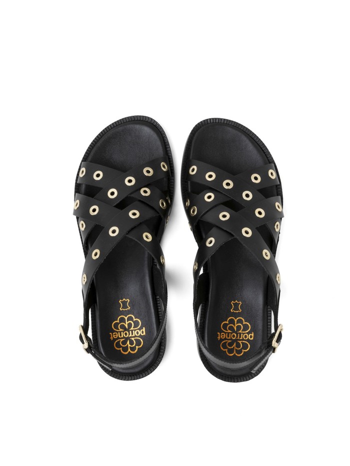 SANDALIA PLANA DE PIEL CON TACHUELAS PARA MUJER PORRONET CHLOE 3234 MOKA
