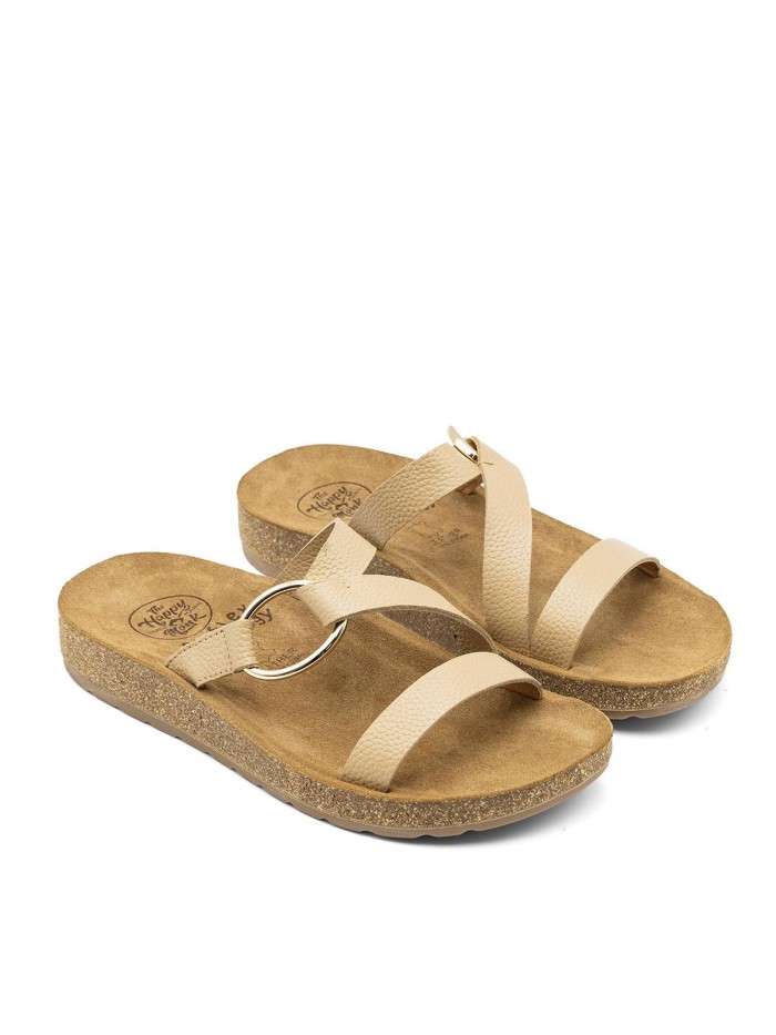 SANDALIAS PLANAS BIO EN PIEL PARA MUJER THE HAPPY MONK FORMENTERA-007 BEIGE