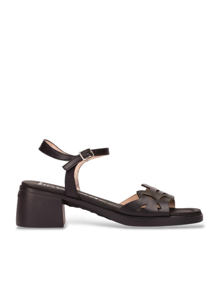 SANDALIAS DE PIEL TROQUELADAS CON TACÓN PARA MUJER WONDERS MOAI 01 NEGRAS