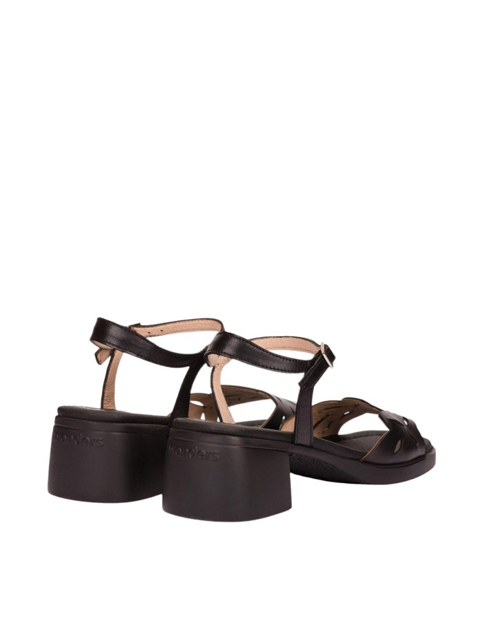 SANDALIAS DE PIEL TROQUELADAS CON TACÓN PARA MUJER WONDERS MOAI 01 NEGRAS