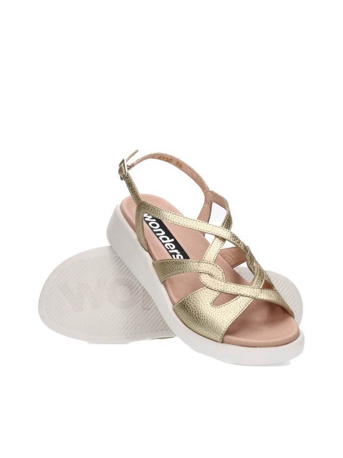 SANDALIAS DE PIEL METALIZADAS CON CUÑA BAJA PARA MUJER WONDERS MAR 50 C-6550 PLATINO