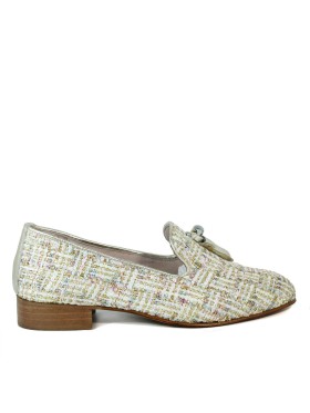 MOCASINES DE BORLAS TEJIDO TWEED APLAUSO CARMEN KINDER BLANCO-PLATINO
