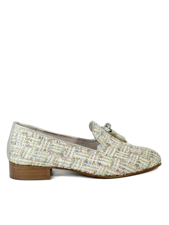 MOCASINES DE BORLAS TEJIDO TWEED APLAUSO CARMEN KINDER BLANCO-PLATINO