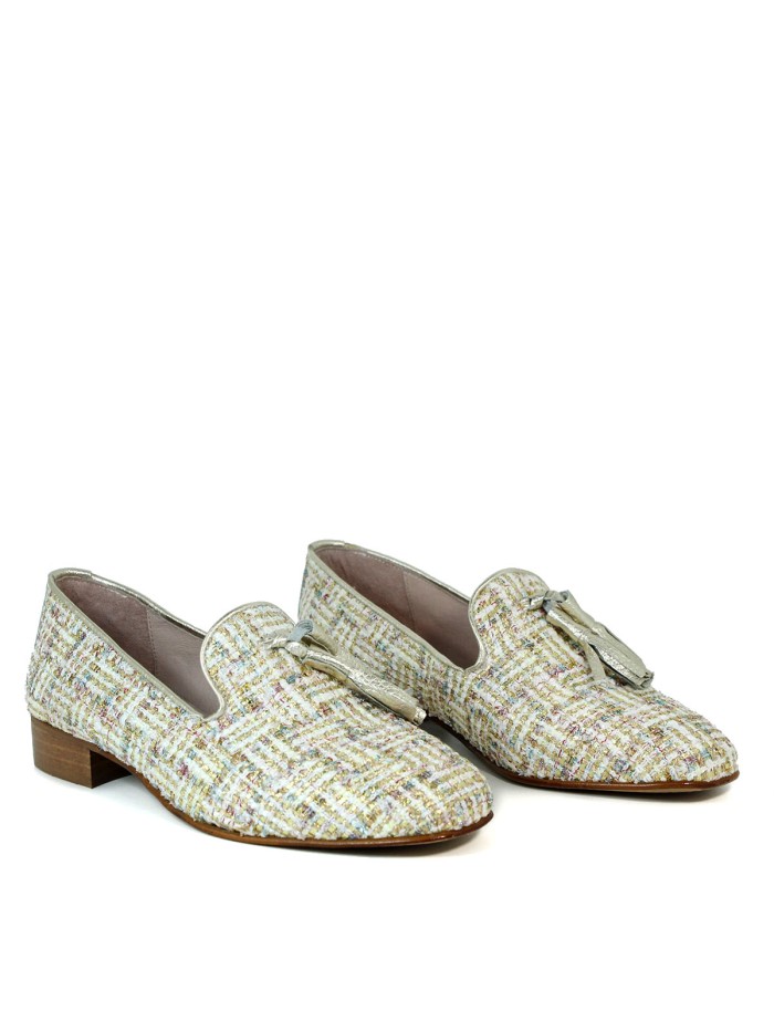 MOCASINES DE BORLAS TEJIDO TWEED APLAUSO CARMEN KINDER BLANCO-PLATINO