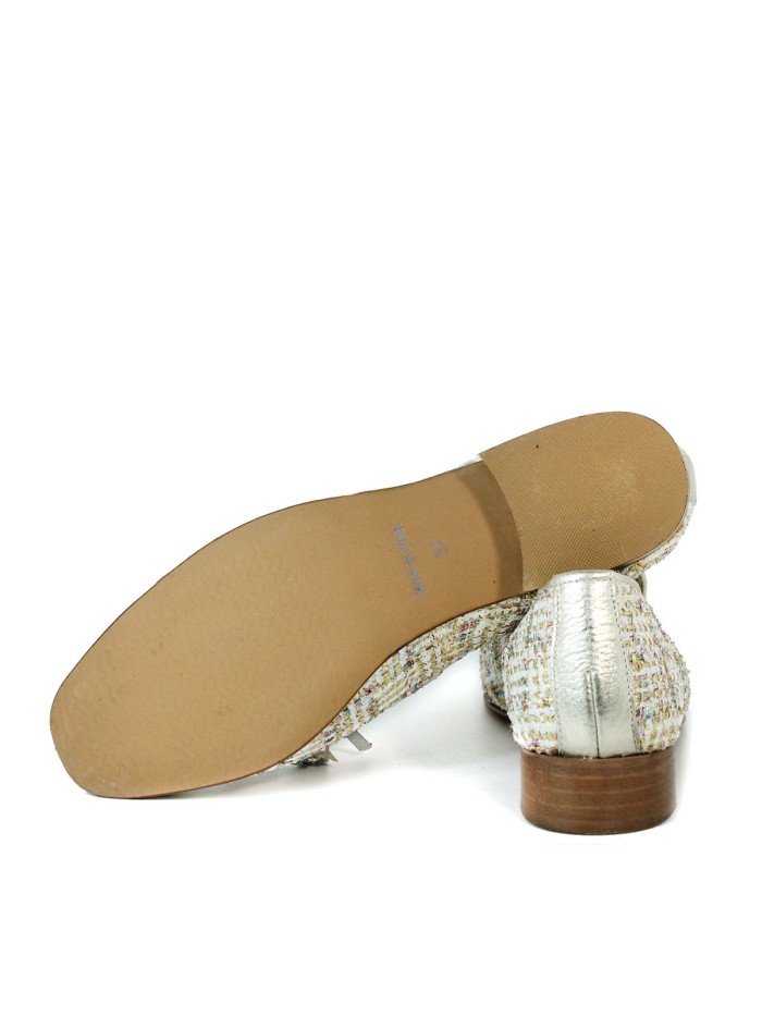 MOCASINES DE BORLAS TEJIDO TWEED APLAUSO CARMEN KINDER BLANCO-PLATINO