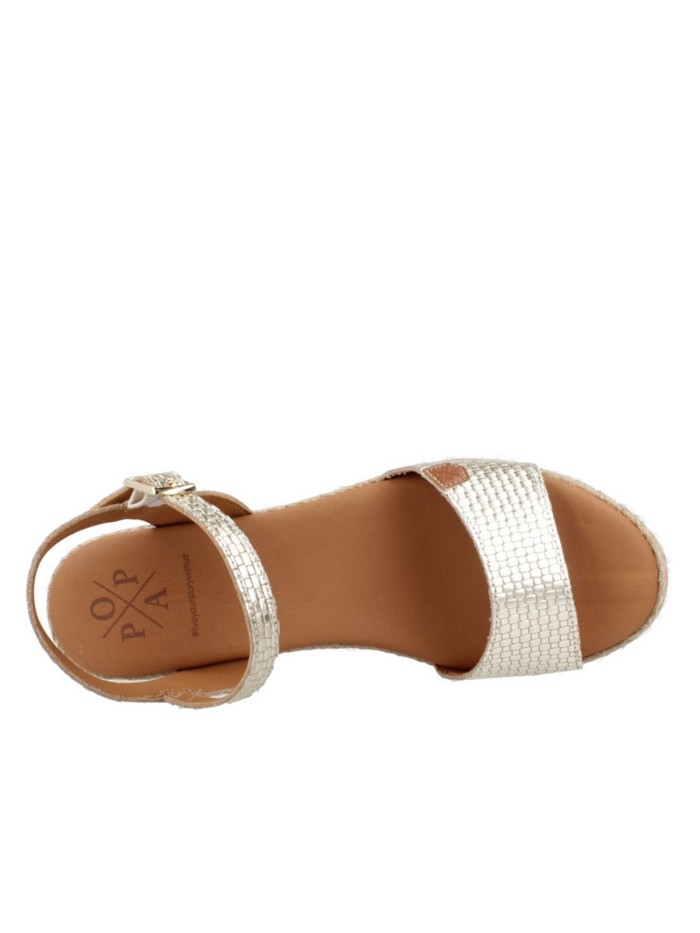SANDALIAS DE YUTE CON TACÓN POPA ARALE LAMINADO ORO