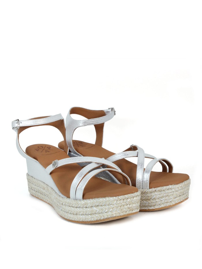 SANDALIAS DE PIEL CON CUÑA POPA CARLOTI LAMINADO PLATA