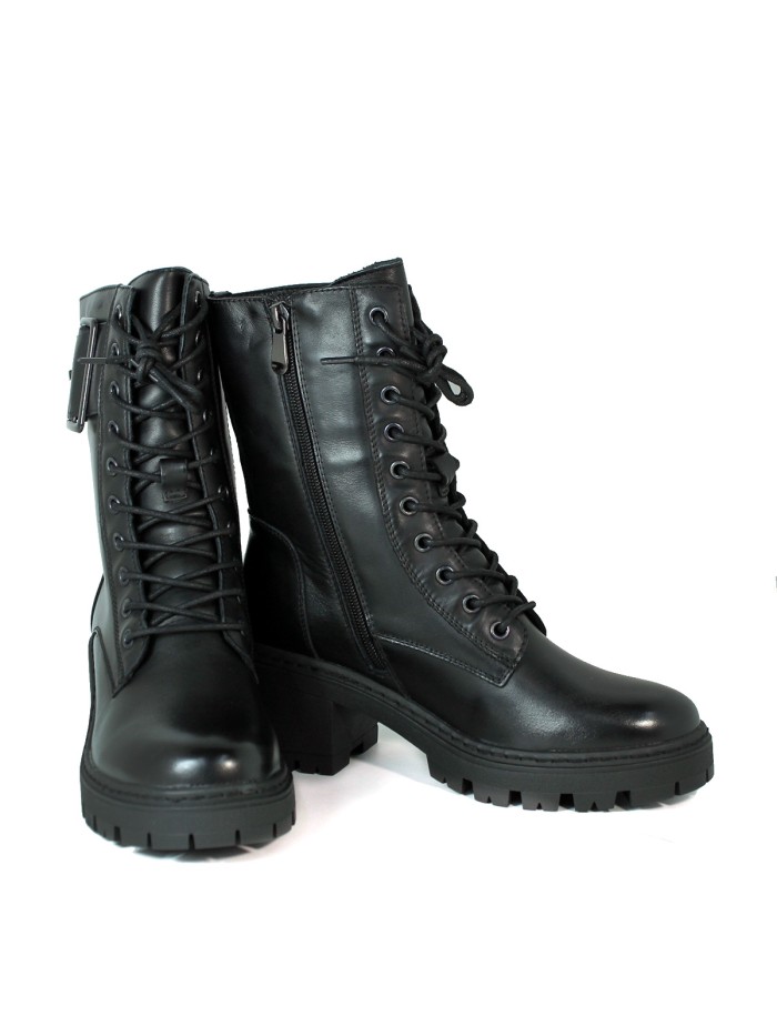 BOTA MILITAR DE PIEL NEGRA APLAUSO 04 CON CORDONES Y CREMALLERA