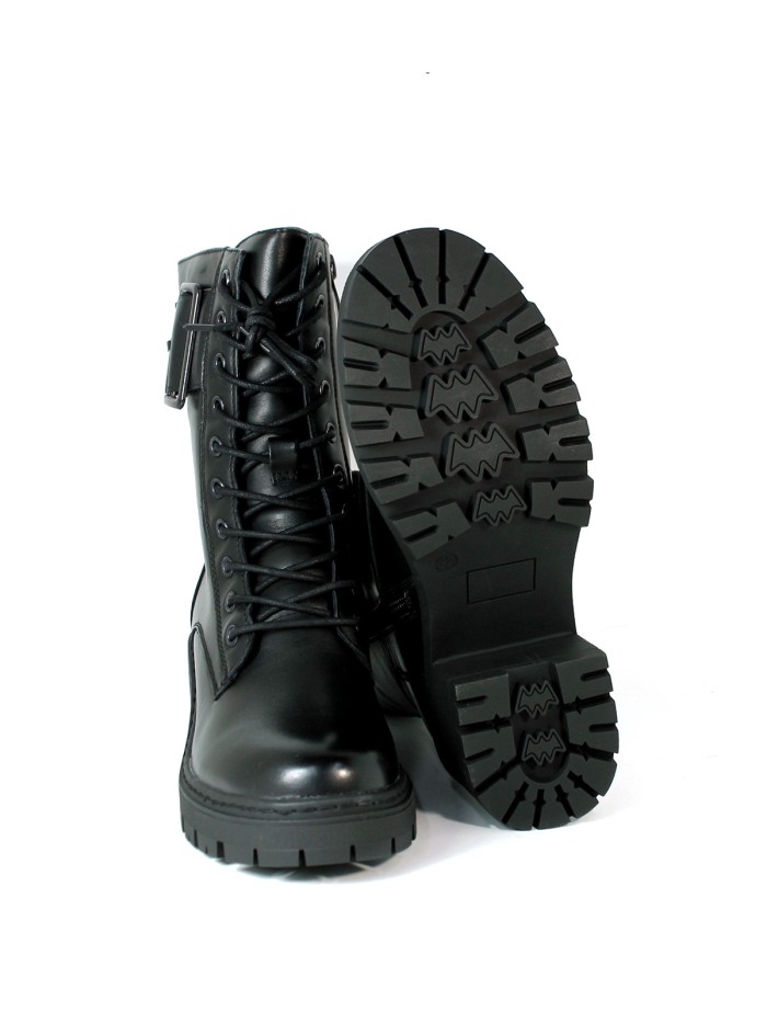 BOTA MILITAR DE PIEL NEGRA APLAUSO 04 CON CORDONES Y CREMALLERA